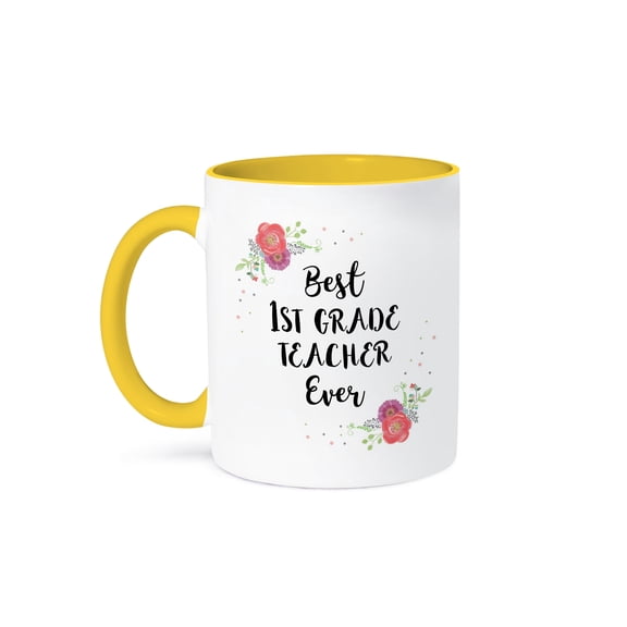 3drose, Floral Best 1st Grade Teacher Ever Pretty Watercolor Pink Flowers, 15oz Two-tone Yellow Mug