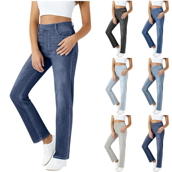 Hueook Capri Pants for Women Wide Leg Pants Women's Fashion Solid Color Elastic Waist Pockets Length Pants False Jeans White 2X