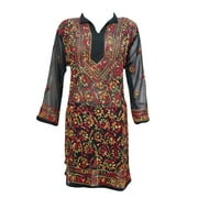 Mogul Woman's Ethnic Long Tunic Black Floral Embroidered Georgette Indian Kurti Dress XL