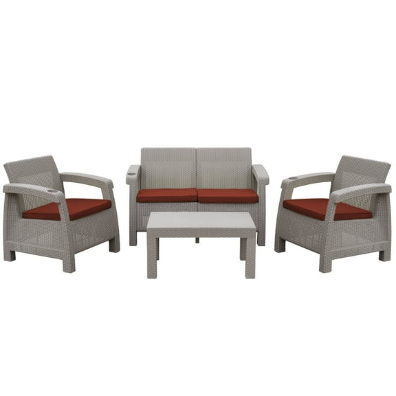 Jeco W00610G-FS018 Pontus Grey Conversation Patio Set with Brick Red Cushion - 4 Piece