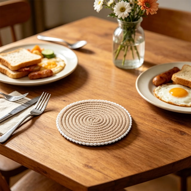 Ball Trims Woven Rope Mat 1 Pack Heat Protection Round Table Mat For Kitchen Dining Home Cup Glass