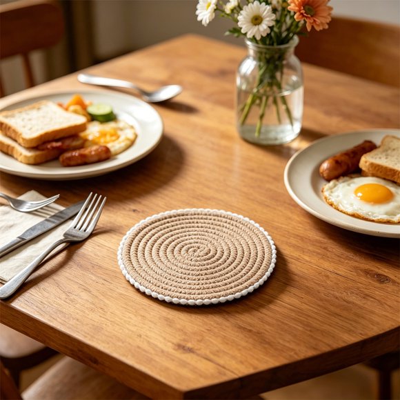 Ball Trims Woven Rope Mat 1 Pack Heat Protection Round Table Mat For Kitchen Dining Home Cup Glass