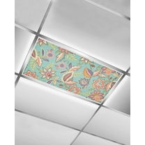 Fluorescent Light Covers for Ceiling Lights 1 Pack,Vintage Colorful Floral Magnetic Ceiling Light Covers 2x4ft for Classroom Office School,Ethnic Boho Retro Flowers Art Teal Drop Ceiling Light Shade