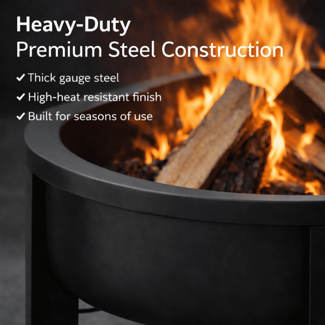 Fire Chief Wood Burning Fire Pit with Tabletop Lid – Modern Outdoor Metal Fire Pit for Patio & Backyard – Premium Heavy Duty Fire Pit Bowl with Multi-Use Side Table (Modern Bowl)