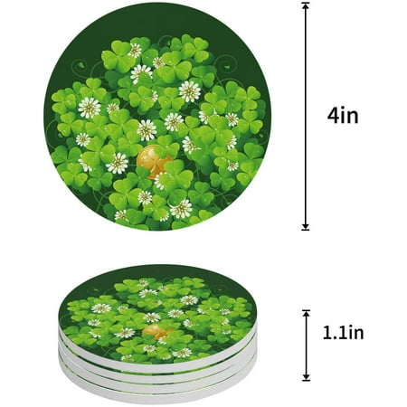 

FMSHPON Happy St. Patrick s Day Clover Set of 4 Round Coaster for Drinks Absorbent Ceramic Stone Coasters Cup Mat with Cork Base for Home Kitchen Room Coffee Table Bar Decor