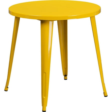 

30 round yellow metal commercial table for indoor-outdoor use.