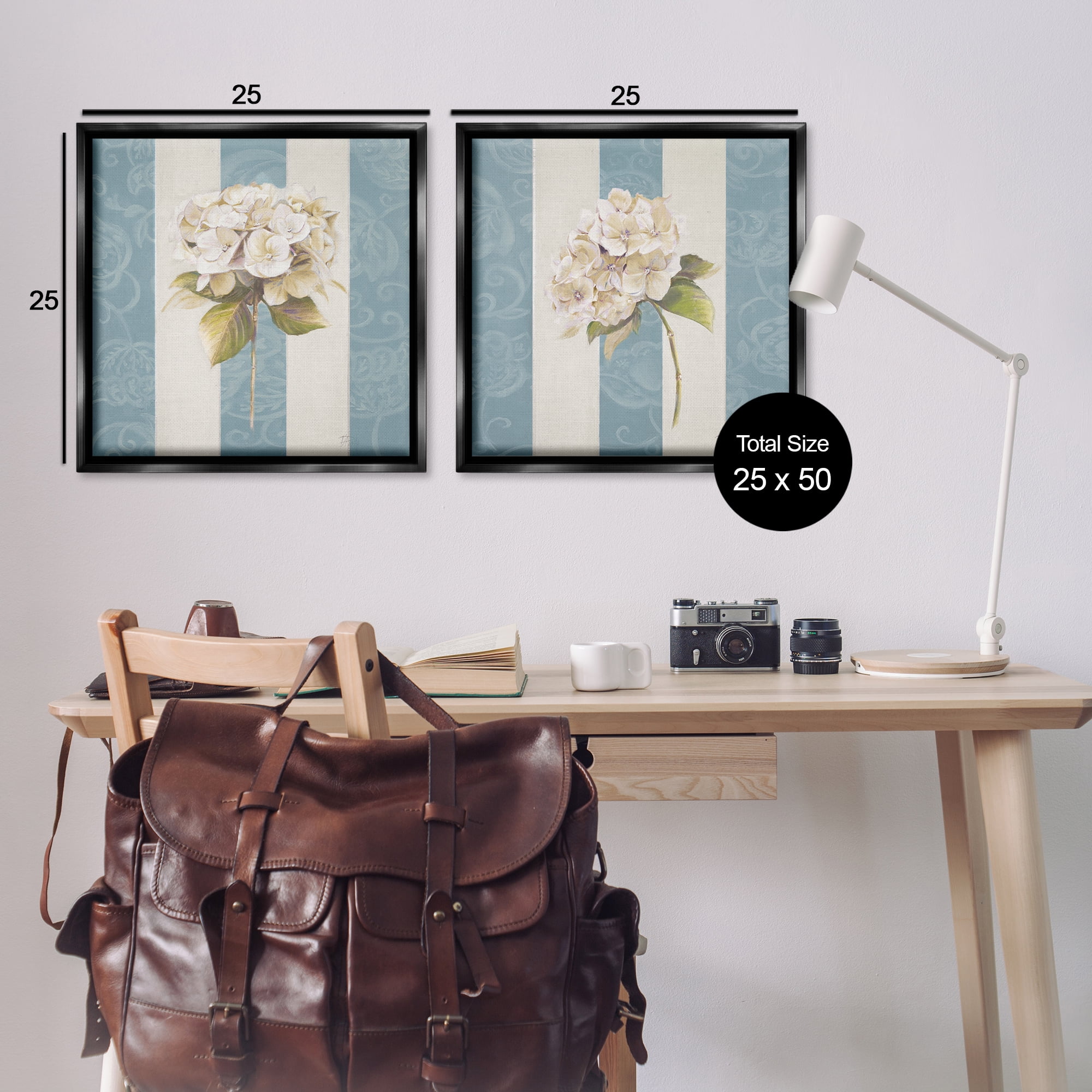Stupell Industries Hydrangeas on Blue Strips Floral & Botanical Painting Black Floater Framed Canvas Art Print Wall Art, 25 x 25, Set of 2