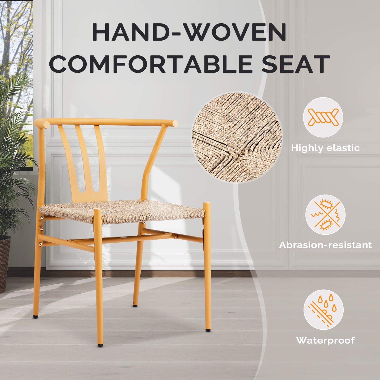 4PCS Weave Dining Chair, Mid-Century Modern Metal Rattan Chair for Kitchen Dining Living Room, Wood Color