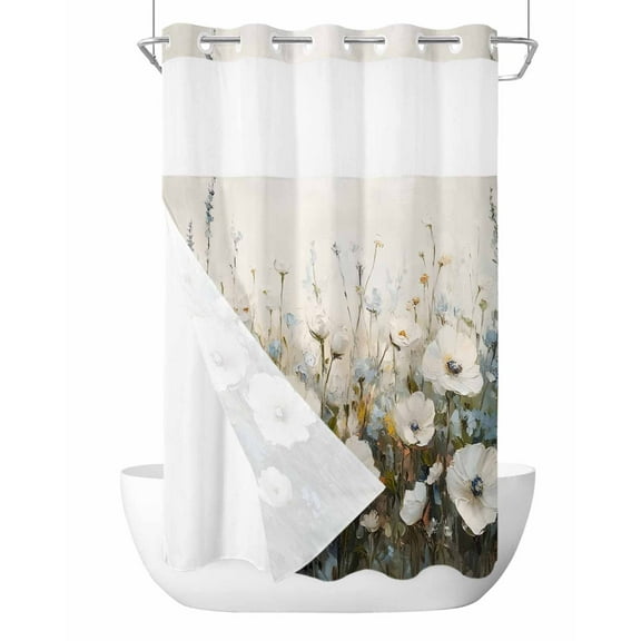 No Hook Shower Curtains with Snap in Liner, White Blue Flowers Waterproof Fabric Shower Curtain, Farmhouse Oil Abstract Painting Double Layers & See-Through Top Window Bathroom Curtains 54''x78''