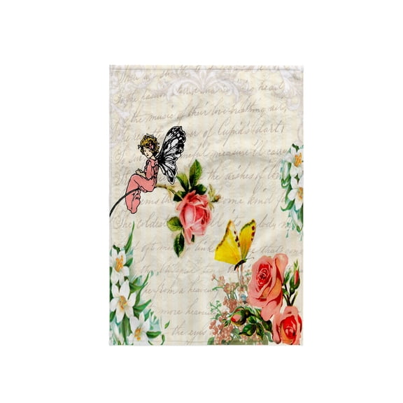 3dRose, Vintage cute fairy sitting on a rose in a flower garden - roses flowers butterfly writing collage, 15x22 Hand Towel