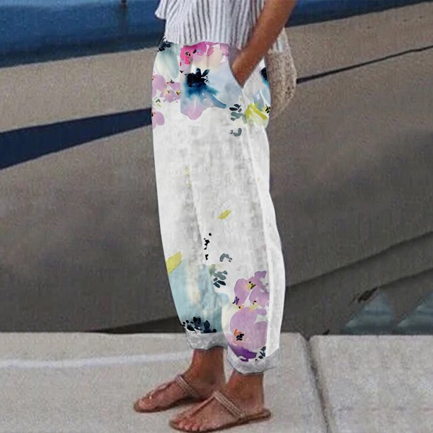 WILLBEST Pantalones Casuales elegantes para Mujer: Pantalones Holgados con Cintura Elástica, Estampado Floral y Bolsillos Prácticos para Uso Diario. Grande