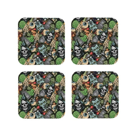 

Leather Coasters Set of 4 - Vintage Human Eyes Tombstones Lightweight Non-Slip Drink Coasters for Desk Anti-Scalding Desk Cup Coasters for Office Table Decor Square