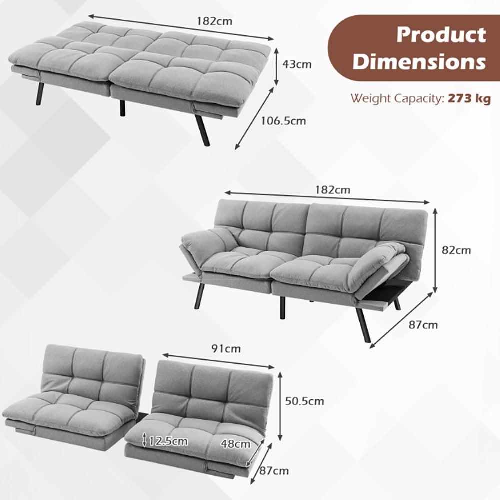 Finihen Sofa Bed, Convertible Memory Foam Couch Bed, Convertible Memory Foam Futon Sofa Bed with Adjustable Armrest, for Living Room, Gray