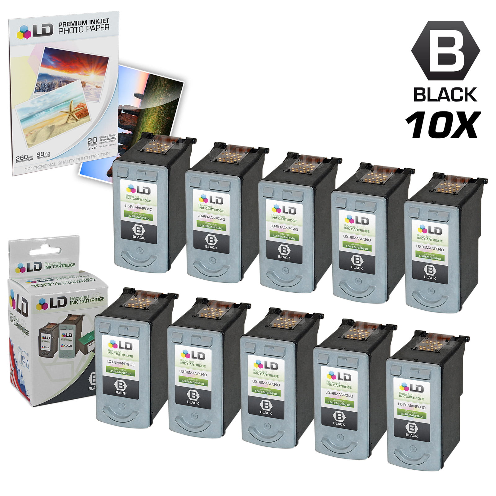 LD Remanufactured Ink Cartridge Replacement for Canon PG-40 0615B002 Black, 10-Pack 