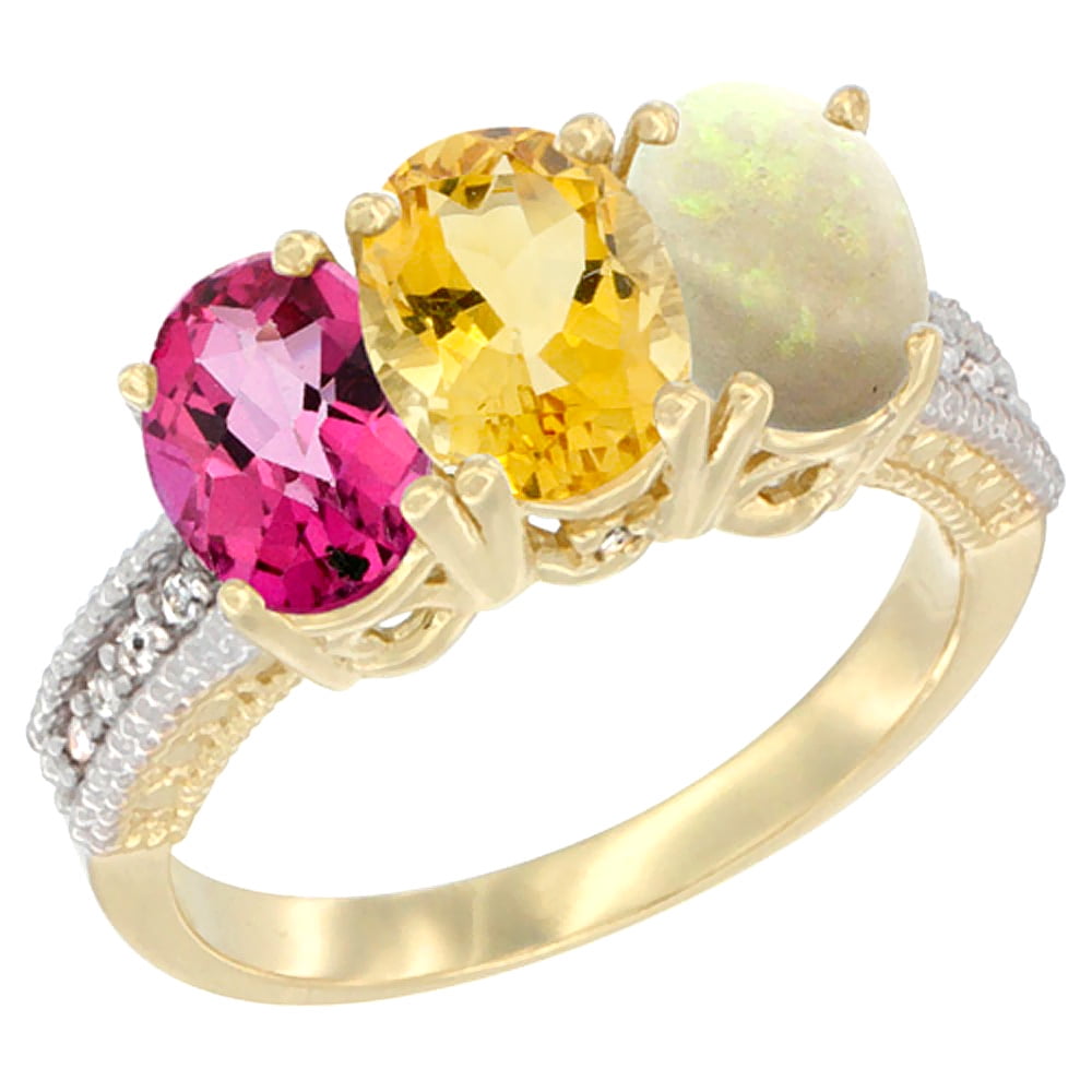 10K Yellow Gold Diamond Natural Pink Topaz, Citrine & Opal Ring 3-Stone Oval 7x5 mm, sizes 5 10 by WorldJewels