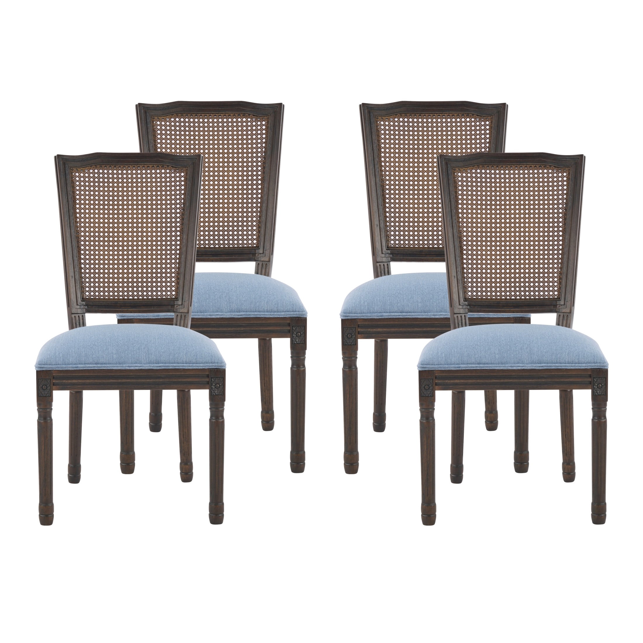 Christopher Knight Home Set of 4 French Country Dining Chairs with Rattan Cane Back, Dark Walnut+Slate Blue
