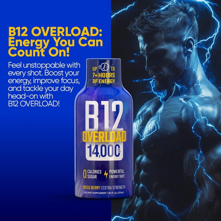 Vitamin Energy B12 Overload Extra Strength Shot, Mixed Berry, 24 Pack –  260mg Natural Caffeine, 14,000% DV B12 & Electrolytes, Zero Sugar, 1.93 fl  oz