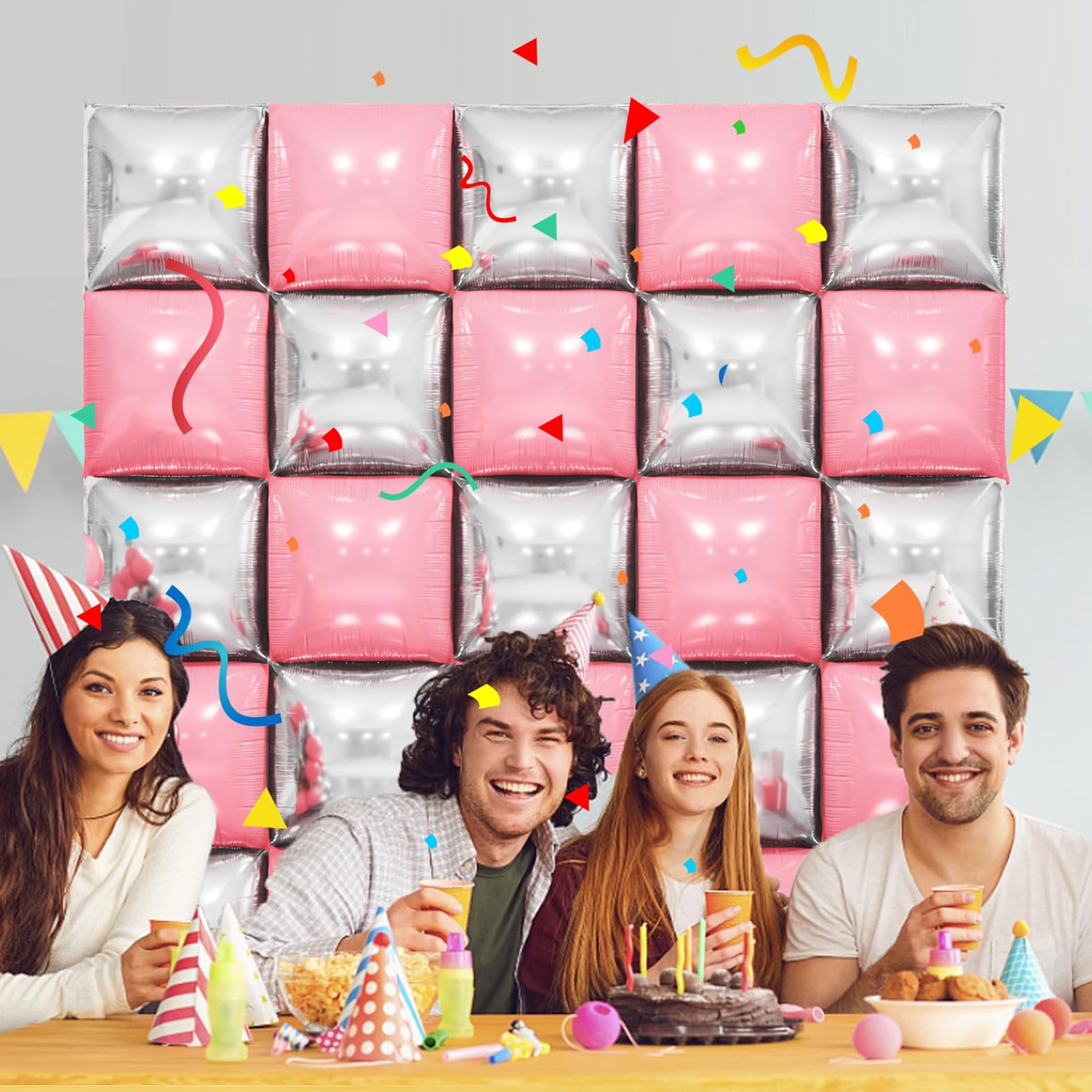 OIUR 50 Pcs Square Foil Balloons Wall Backdrop Double Sided Metallic Balloons Arch Kit for Bachelorette Wedding Anniversary Birthday Baby Shower Decor