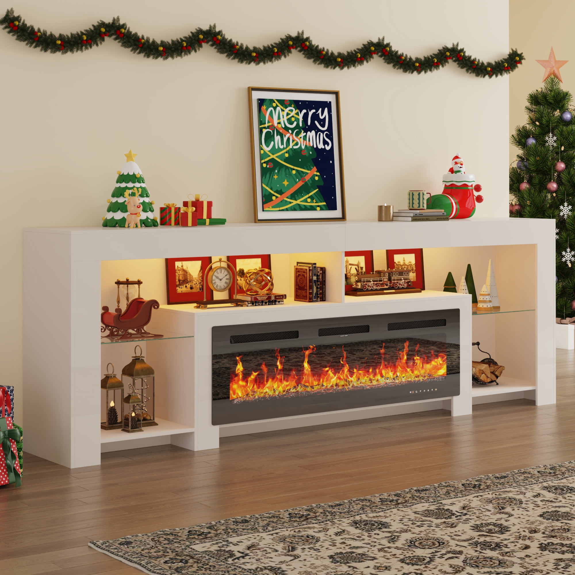Blotout Fireplace TV Stand for 95/100''TV with 50'' Fireplace, 94.5'' Modern LED Entertainment Center with Overheat Protection, Adjustable Shelves, 2 Tier Fireplace Console for Living Room, Bedroom