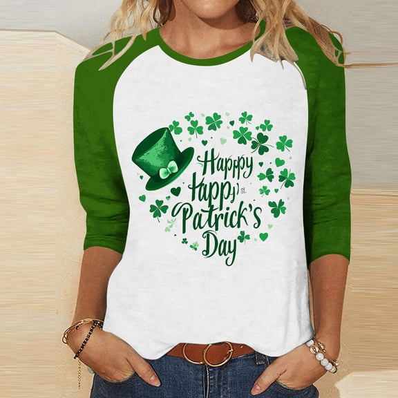 HOMBOM Shamrock Shirts for Women Irish Graphic Tees Holiday Green Crewneck St.Patrick's Day Trendy 3/4 Sleeve Ladies Tshirts