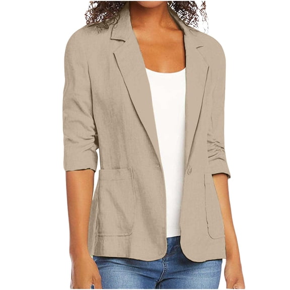 Rohuuque Women's Fall Business Cotton Blazers Casual Fashion Notched Lapel 3/4 Sleeve Tops Coat Blouse with Pocket Office Wear Khaki
