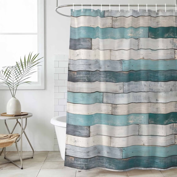 Turquoise Grey Wooden Waterproof Fabric Shower Curtain,Farmhouse Teal Wood Waterproof Fabric Shower Curtain for Bathroom Curtains Bathtubs Hotel Shower Curtains with 12 Hooks Extra Long 72x96