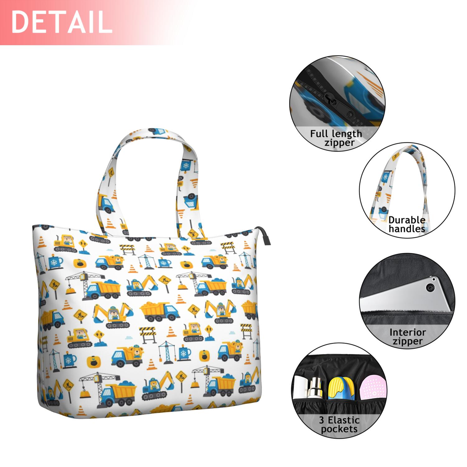 Cartoon Construction Vehicles Safety Signs Travel Tote Bags for Women Carry On,Large Weekender Bags for Women Travel,Multi Functional Duffle Bag for Work,Shopping,Sports