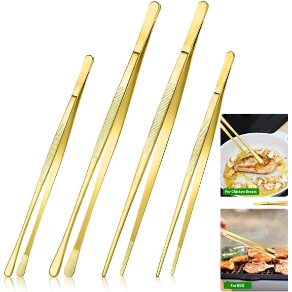 4 Pcs Fine Long Tweezer Set, 12" & 10" Stainless Steel Tongs for Kitchen Cooking, Food Preparation, Seafood, BBQ and Repair Work