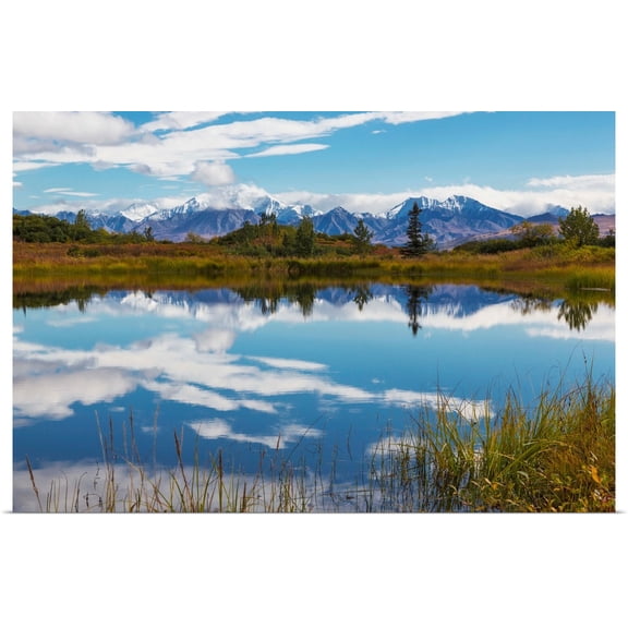 Great BIG Canvas | Rolled Lynn Wegener Poster Print entitled Snow capped mountains of the Alaska Range reflected in a pond, Denali National Park