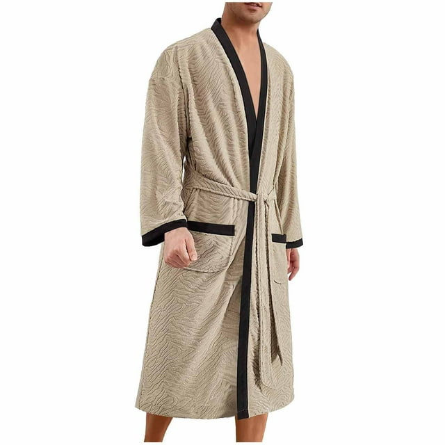 ShomPort Embroidered Robes for Mens Long Sleeve Open Front Tendy Color Block Bathrobes Belt Calf Length Comfort Sleepwear with Pockets