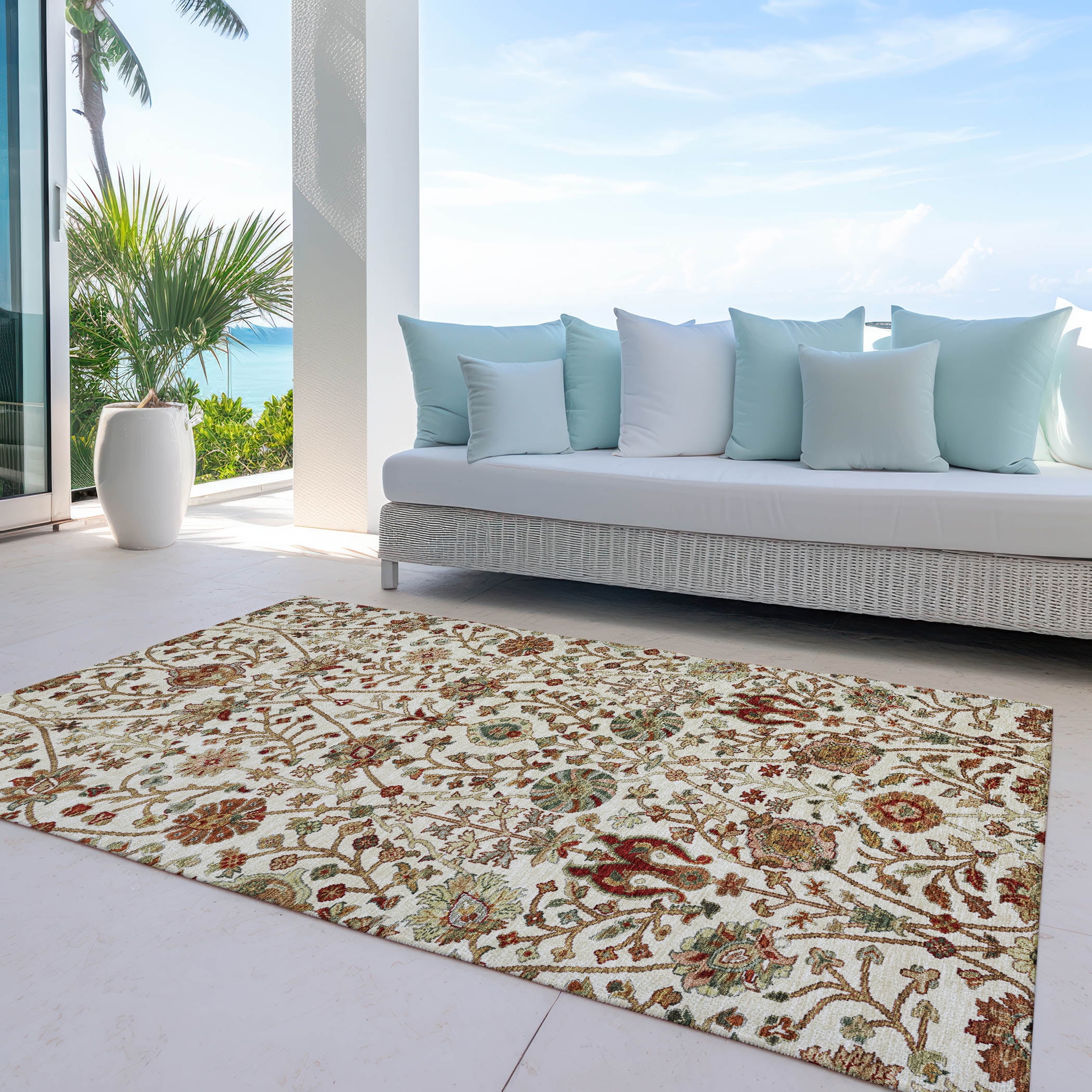 Addison Rugs Chantille Indoor/Outdoor Transitional Floral Ivory Washable Rectangle Rug, 9' x 12'