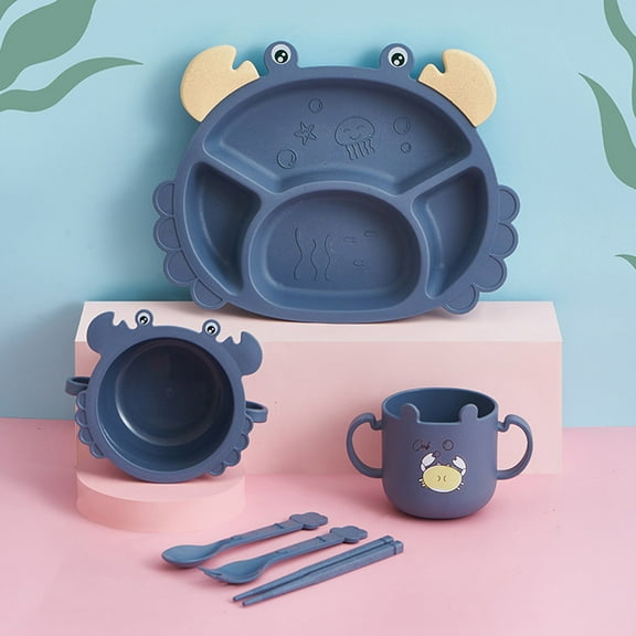 EclipseJewels Crab-Themed Feeding Set Includes Divided Plate, Bowl, Cup, Fork, Spoon, and Chopsticks, Fun and Practical Silicone Tableware Set for Family Meals and Beginners,Blue
