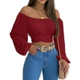 thumbnail image 3 of MIRACMODA Mujer Fuera del Hombro Fruncido Lazo Espalda Crop Top Verano Linterna Manga Boho Camisa Blusa, 3 of 5
