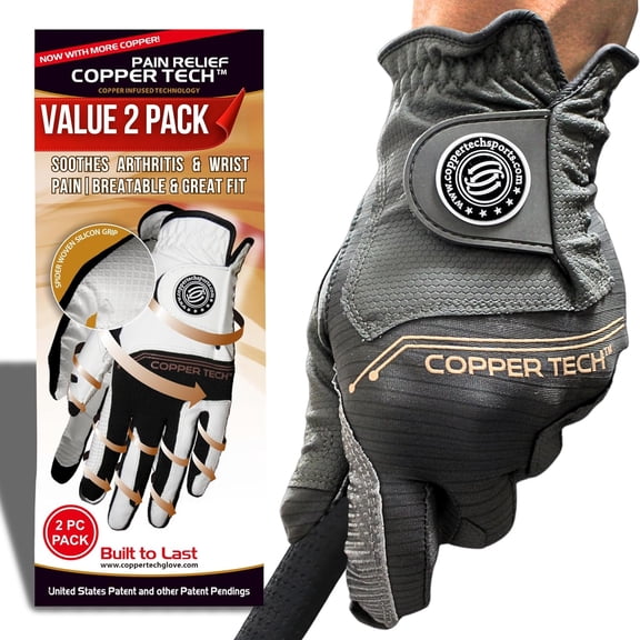 Copper Tech Golf Glove Men (2 Pack) | Copper Compression for Joint & Muscle Support | Non-slip Tacky Grip Palm | Premium Synthetic Leather