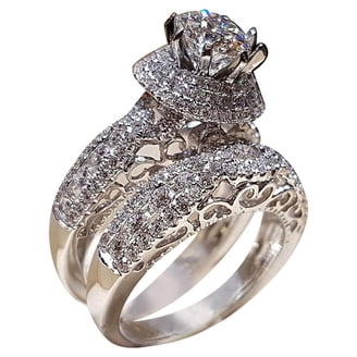TwoBirch Vintage Bridal Ring Set - 18k White Gold Plated Over Sterling Silver, AAA Cubic Zirconia, Size 11