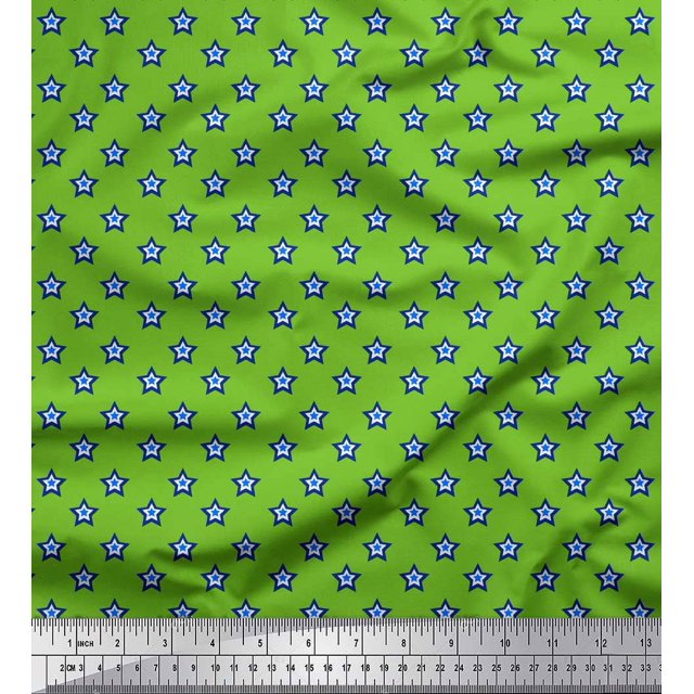 Soimoi Green Poly Georgette Fabric Blue Star Fabric Prints By Yard 52 Inch Wide