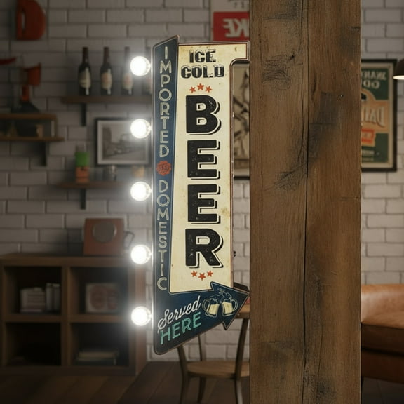 American Art Decor Vintage "Ice Cold Beer" Double-Sided LED Metal Sign - "Imported Domestic Served Here" Retro Marquee Wall Decor for Man Cave, Game Room, Home Bar, Brewery - Battery-Powered Lights