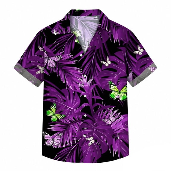 IWRICH Hawaiian Shirt for Men Short Sleeves Tropical Printed Casual Button down Summer Beach Floral Shirts Purple XL