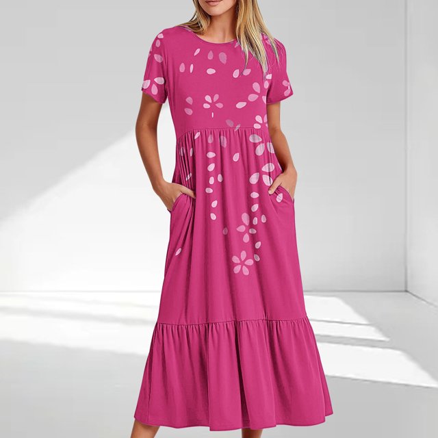 Ovzne Robes d'Été pour Femmes Robe d'Été Mode Féminine Manches Longues Col Rond T-Shirt Imprimé Blouse Ample Robe d'Été Manches Courtes Imprimée Liquidation