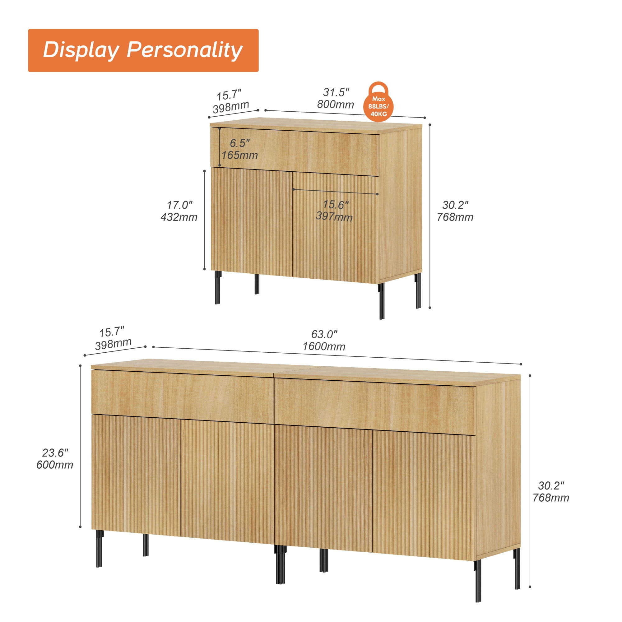 63" Reeded Accent Cabinet Set with 4 Doors and Drawers, Modern Credenza Storage Cabinet with Metal Legs for Living Room, Kitchen, Dining Room, Hallway