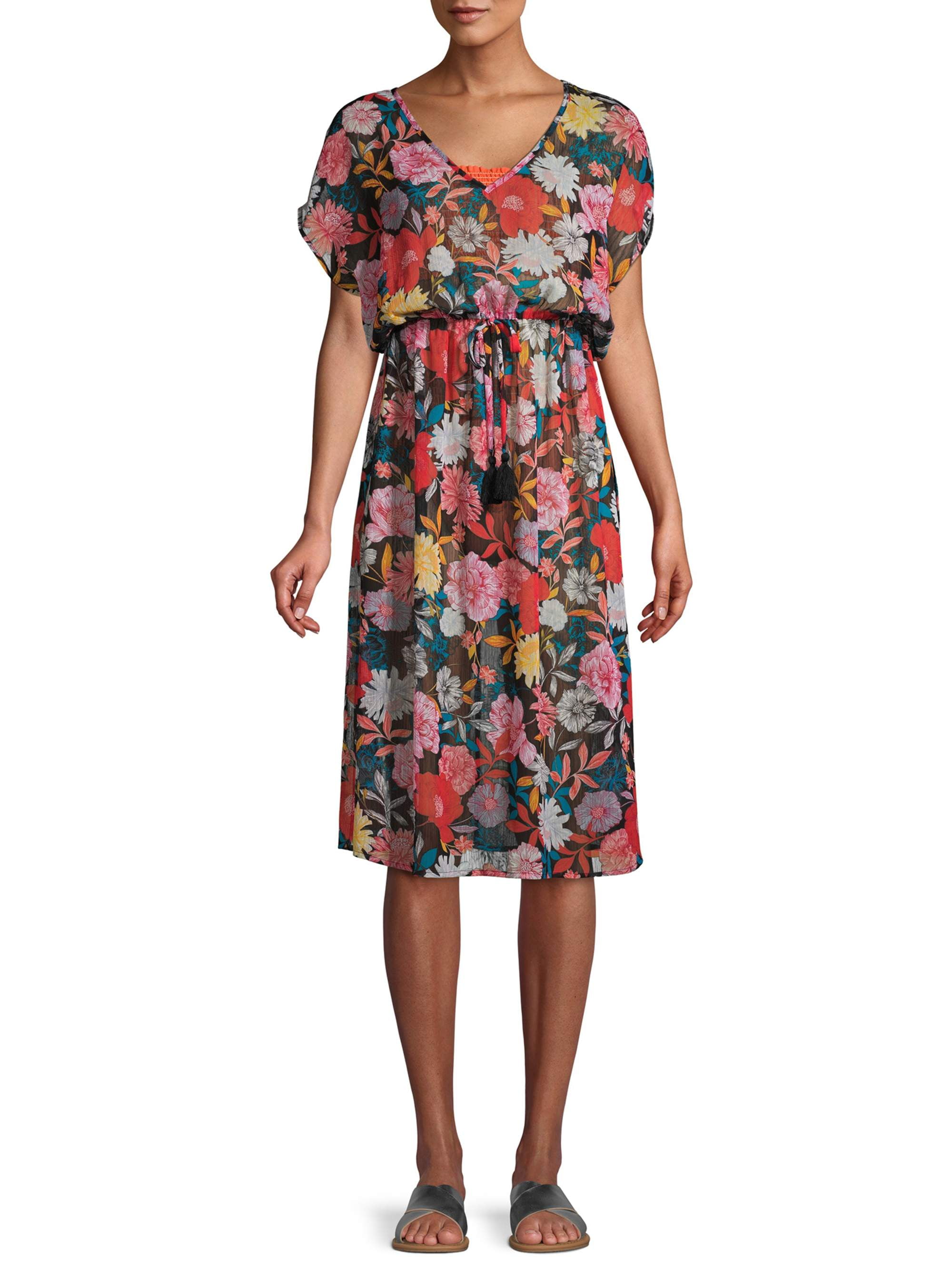 Time and Tru Women's Floral Chiffon Midi Swimsuit Cover Up