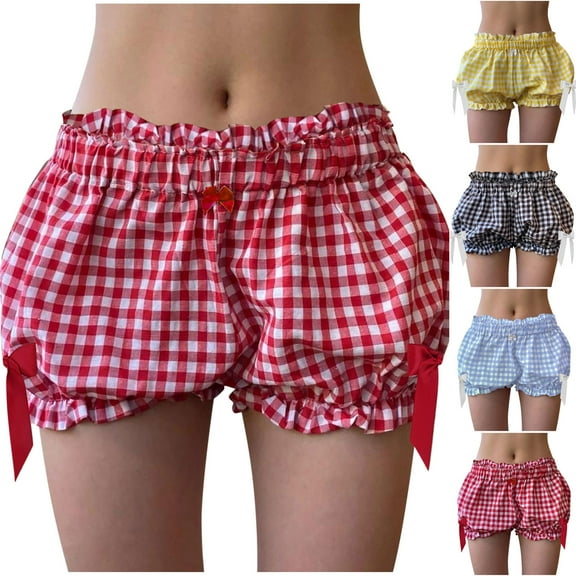 ITSAME Womens Casual Shorts, Elastic Waist Casual Bow Plaid Summer Beach Home Shorts Red M