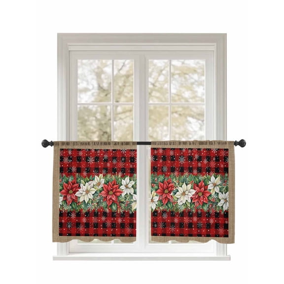 Christmas Winter Floral Sheer Curtains 54 Inch Long 2 Panels, Poinsettia Red Flower Leaf Plaid Light Filtering Rod Pocket Semi Sheer Curtains, Sheer Voile Drapes for Living Room Bedroom, 52"x54"