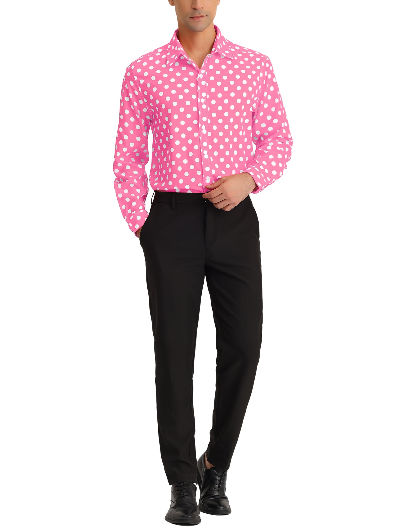 Unique Bargains Men's Polka Dots Print Dress Shirt Long Sleeves Casual Shirts L Pink