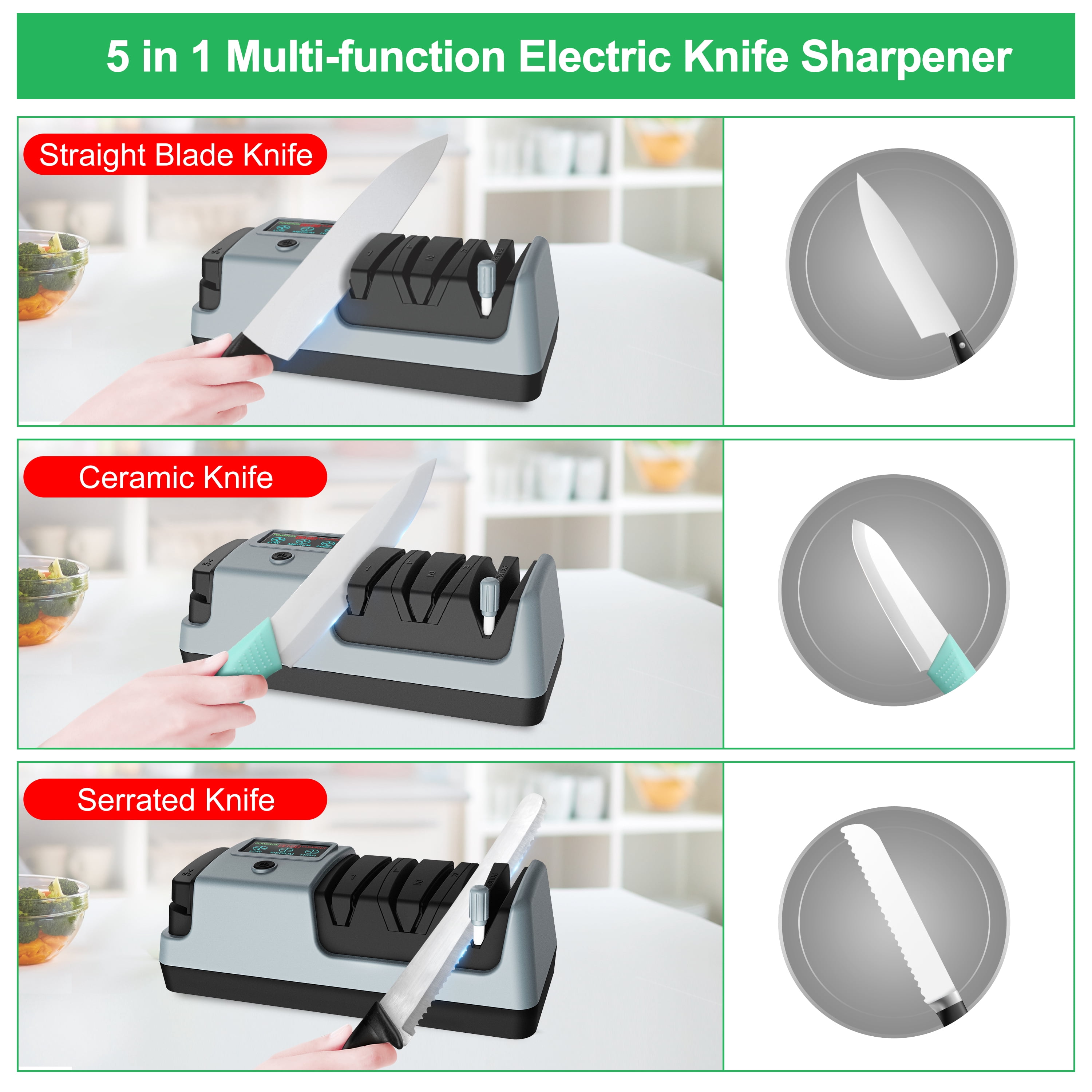 5 in 1 Electric Knife Sharpener- 3 Rotational Speed Adjustable Electric Knife Sharpeners, Suitable for Straight Blade Knives, Serrated Knives, Meat Cleaver Knives, Ceramic Knives&Scissors