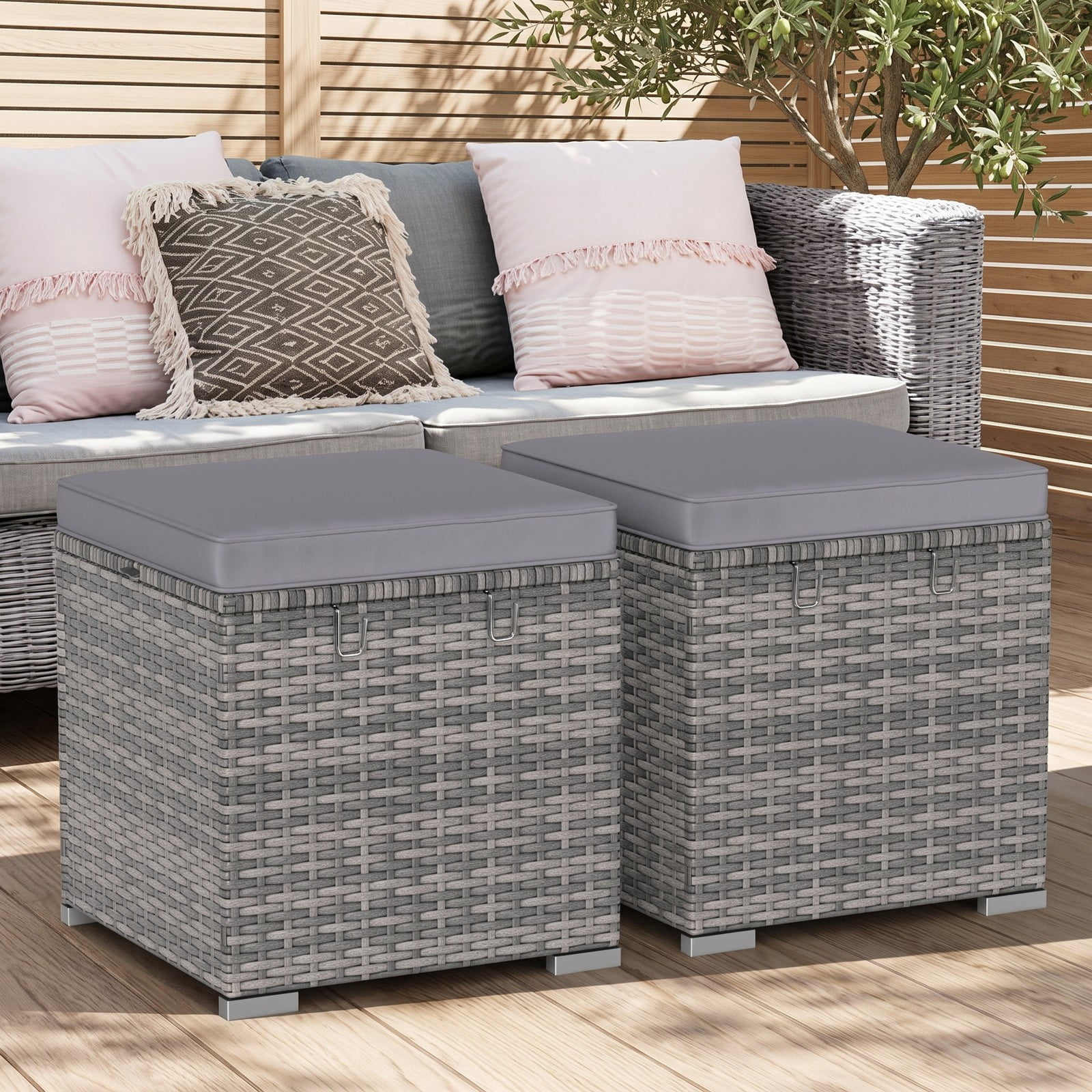 Furnibear Set of 2 Outdoor PE Wicker Patio Storage Ottomans with Hidden Space and Cushions for Foot Rest and Extra Seating, Gray