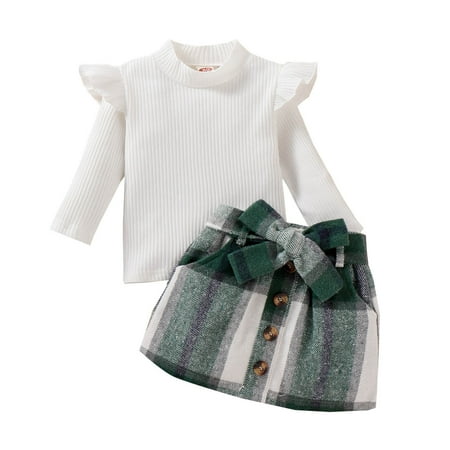 

Fsqjgq Kids Set Baby Clothes Boy Toddler Girls Ruffles Long Sleeve Solid Ribbed T Shirt Tops Plaid Prints Bow Tie Skirt Outfits Long T Girls Pajama Sets Cotton Blend White 110