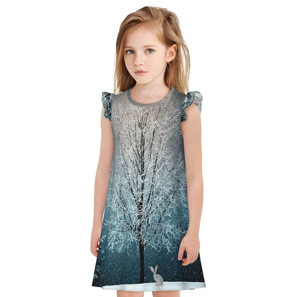 Fotbe Winter Rabbit Vestido de Dormir para Niñas de 3 a 10 Años, Mangas Cortas, Estilo Princesa, Pijama Camisón con Mangas Voladas-Large