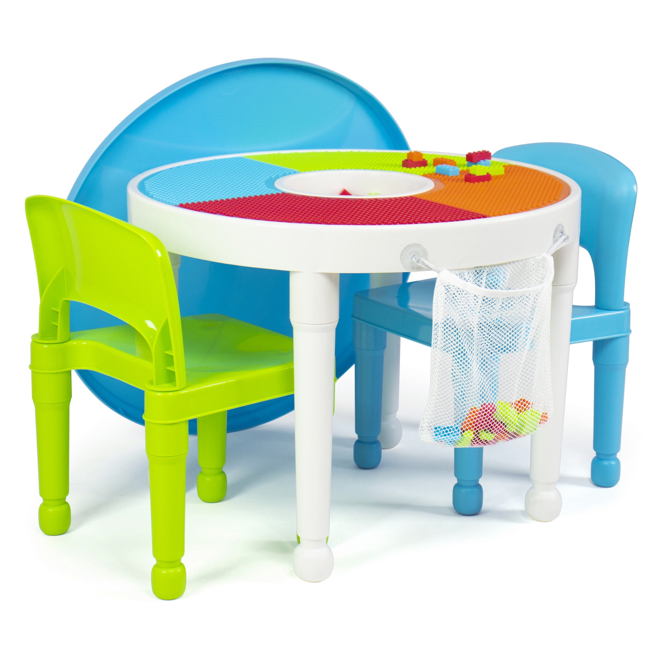 Humble Crew Toddler 2-in-1 Plastic Building Blocks-Compatible Activity Table and 2 Chairs Set, 100 Pc Block Set, Round, White/Green/Blue/Orange/Red