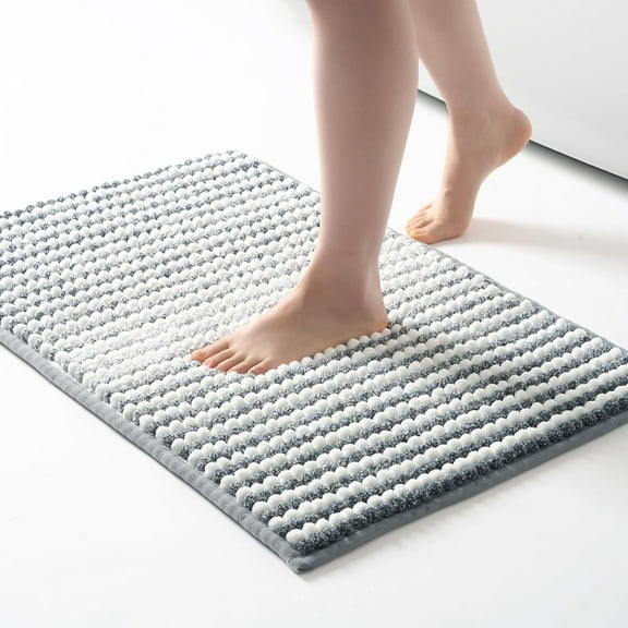FRESHMINT Chunky Ombre Chenille Bathroom Rug 20''x32'', Water Absorbent Soft Bath Rugs for Bathroom Floor, Thick Non Slip Cute Bath Mat Washable Quick Dry Shower Mats, Gray and White